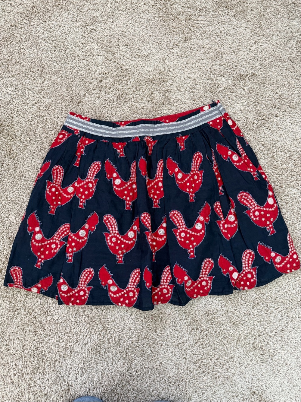 Corey Lynn Calter 100% Silk Rooster Print Mini Skirt Size 6 Navy Red